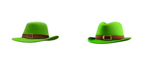 Two Green Hats with Brown Buckled Bands on Black Background, cut out transparent