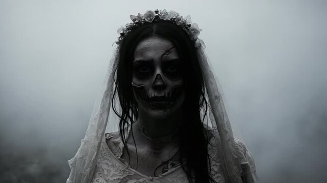 Eerie Scene with a Ghostly Bride: A Haunting Figure in a Foggy Landscape, Unveiling the Mystique of a Undead Character Draped in Wedding Attire