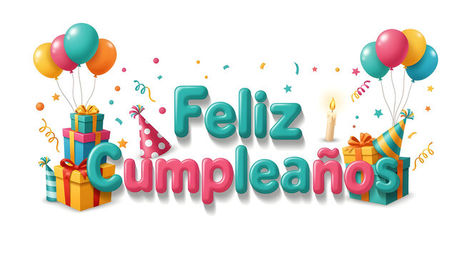 Feliz Cumplea&ntilde;os sticker text greeting with balloons confetti and festive clipart design for birthday celebration joy