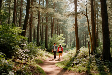 Obraz premium Young Caucasian man and young Caucasian woman walking together on forest path surrounded by tall trees, holding hands and talking, sunlight filtering through dense foliage