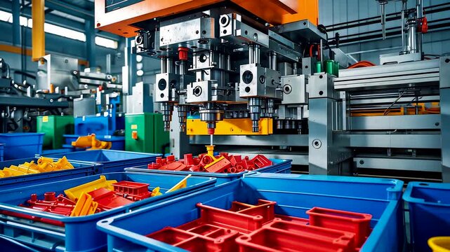 Industrial plastic injection molding machine with colorful parts in blue bins inside modern automated factory floor