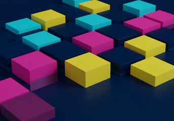 Colorful 3D cubes in yellow, pink, cyan, and navy blue arranged in abstract geometric pattern on dark background.