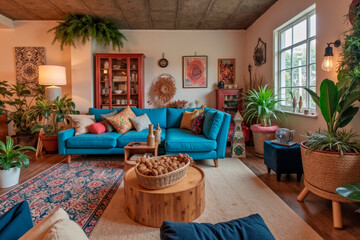 Living room interior featuring blue sofa, decorative pillows, various green plants, large window allowing natural light, woven basket on table, eclectic wall art, cozy arrangement
