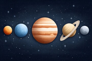 Fototapeta premium Planets aligned in space, jupiter and saturn with other planets and moons, astronomy educational illustration