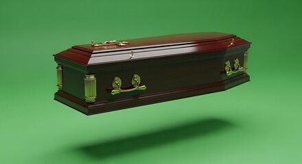 Brown Coffin with Gold Handles on Green Background