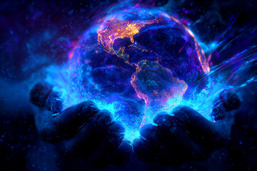 Glowing earth held in hands energy illustration