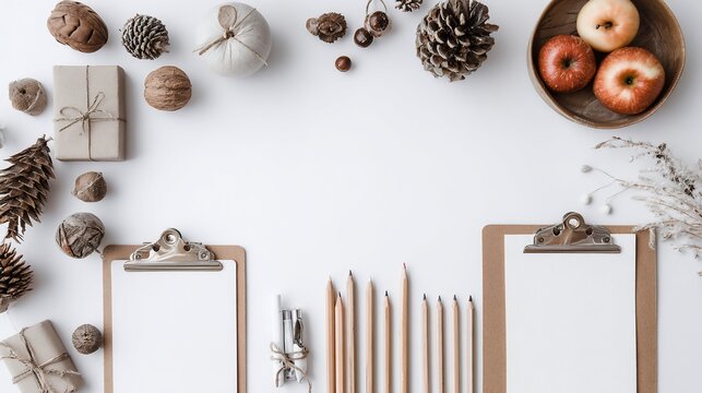 Autumnal stationery arrangement, centered white space