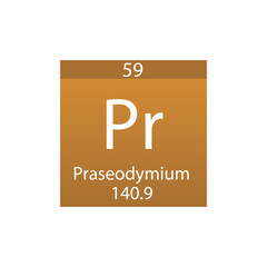 Pr Praseodymium Lanthanide Chemical Element Periodic Table. Simple flat square vector illustration, simple clean style Icon with molar mass and atomic number for Lab, science or chemistry class.