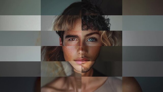 Fragmented collage of portraits of people loopable animation, diversity concept, men and women looking into camera, front view