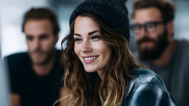 A business team discussing their social media strategy in a casual office setting long title A group of colleagues in a relaxed collaborative office - Powered by Adobe