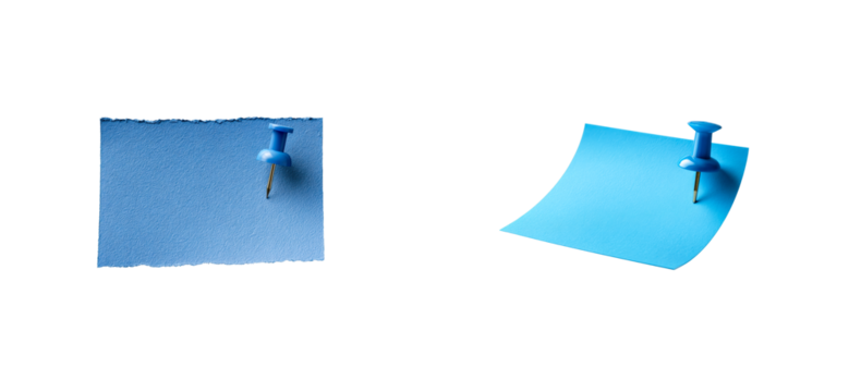 Two blue paper notes with torn edges pinned to a black background, cut out transparent