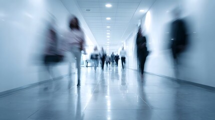 Blurred motion of business people in a modern office hallway