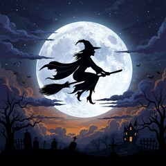 A silhouetted witch flies on her broomstick across a giant full moon on a spooky Halloween night above a cemetery.