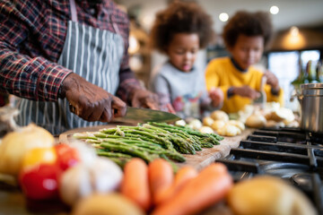 Family cooking together in cozy kitchen, children helping with vegetables for Thanksgiving dinner, 