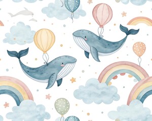 Whimsical watercolor seamless pattern featuring flying whales and hot air balloons against a backdrop of soft clouds and rainbows