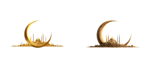Ornate Golden Crescent Moon Embracing Miniature Cityscape with Mosques, cut out transparent