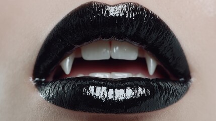 Fototapeta premium Sexy Vampire Woman lips with blood,Dripping blood on mouth, witches or beast creatures,female lips with fangs,horror holiday monsters,Vampire makeup Fashion Art design,Halloween banner background.