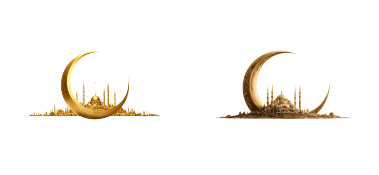 Ornate Golden Crescent Moon Embracing Miniature Cityscape with Mosques, cut out transparent