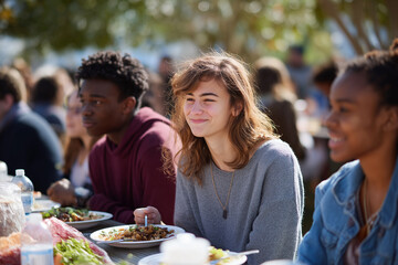 College students hosting outdoor "Friendsgiving" potluck on campus lawn, picnic tables, casual vibe, 