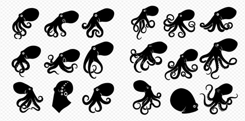 A collection of stylized black octopus silhouettes in various dynamic poses, isolated on a transparent background.