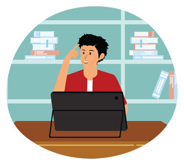 Young Professional Studying at Desk with Books and Digital Tablet.