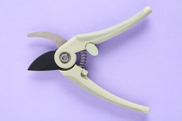 Gardening secateurs on purple background