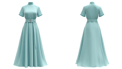 Light teal midi dress, front and back views, showing short sleeves, high neck, and belted waist