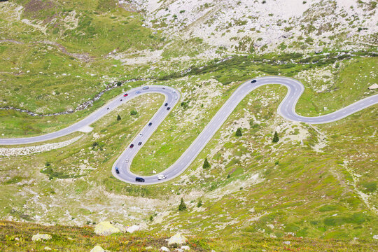 Hairpin bends of the road of the Julier Pass that connects the Engadin valley with central Graub&uuml;nden. Albula Alps, Switzerland