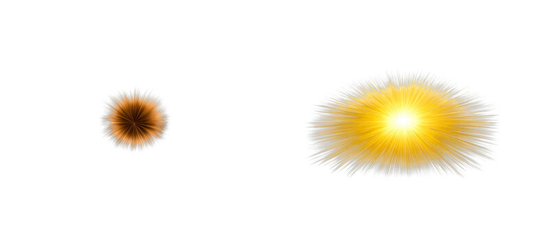 Two fluffy spherical objects with radiating light effects against a dark background, cut out transparent