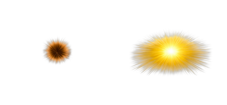 Two fluffy spherical objects with radiating light effects against a dark background, cut out transparent