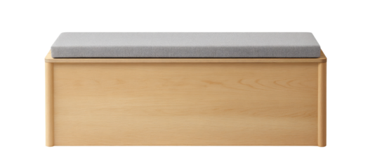 Light-colored wooden storage bench with upholstered seat