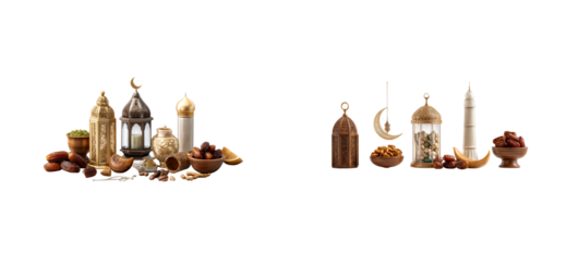 Islamic festive collection of dates, nuts, and ornate lanterns, cut out transparent