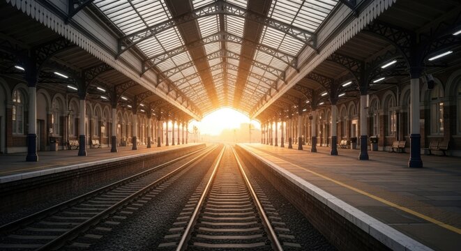 Sunrise illuminates empty train station platforms and tracks - Powered by Adobe
