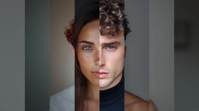 Fragmented collage of portraits of people loopable animation, diversity concept, men and women looking into camera, front view