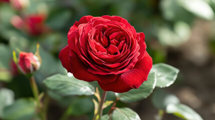 Vibrant red rose in full bloom stands out against blurred green background, showcasing its intricate petals and natural beauty. sunlight highlights rich color and delicate texture