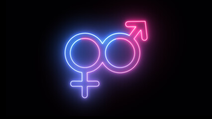 Glowing male and female icons. Neon female logo icon symbol on black background. Male, female sign of gender equality icon on black background illustration.