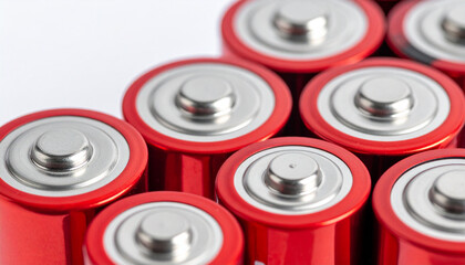 Red lithium ion batteries on light backdrop. Suitable for electrical devices and appliances.