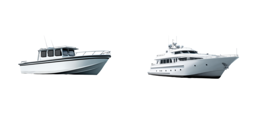 Two white luxury yachts, one a smaller fishing vessel and the other a larger motor yacht, are isolated against a black background., cut out transparent