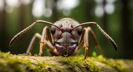 Detailed macro shot of an ant on a mossy branch, showcasing its intricate features.