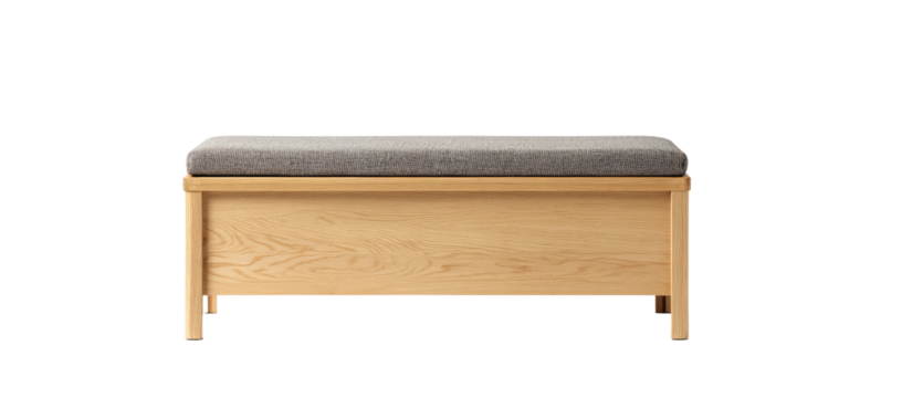 Light-colored wooden bench with a gray upholstered seat