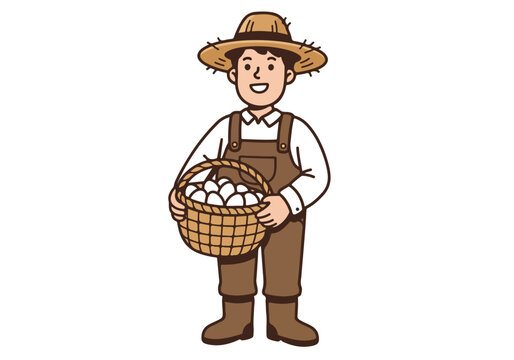 Farmer harvesting eggs, illustration on white, for farm or agriculture