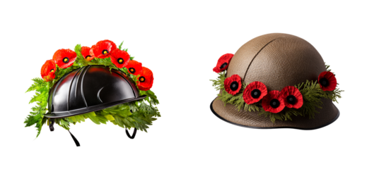 Commemorative Poppy and Laurel Wreaths on Military Helmets, cut out transparent