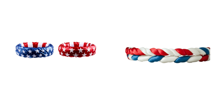 Patriotic bracelets with stars and stripes pattern on black background, cut out transparent