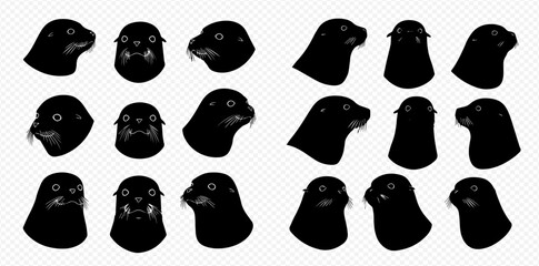 A set of isolated black seal head illustrations from various angles, showing different perspectives and rotations.