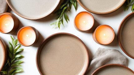 Elegant arrangement of rustic plates and candles with greenery on a white surface, creating a tranquil atmosphere
