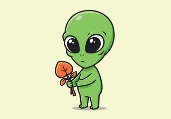 Obraz premium Alien hugs sprout for Earth day, promoting peace. Beige background. Cute
