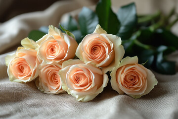 Obraz premium Peach roses with lush green leaves lie gracefully on textured fabric, creating serene and elegant floral arrangement. soft petals and gentle colors evoke sense of tranquility and beauty
