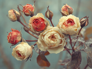 Withered roses in soft hues of cream and red create nostalgic and delicate atmosphere, surrounded by dried leaves and buds against muted background
