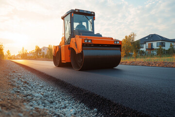 Road roller compacting asphalt surface on construction site