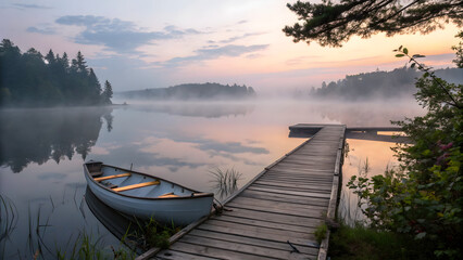 Serene misty lake scene with wooden dock and boat at sunrise for peaceful getaway